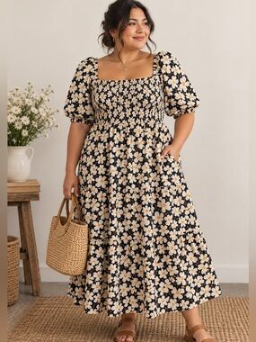 Unbranded Floral Cottagecore Smocked Midi Dress Puff Sleeve Plus Size 2X